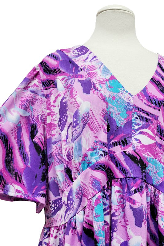 100 PSS {Stand Out} Purple Abstract Print Babydoll Top EXTENDED PLUS SIZE 3X 4X 5X