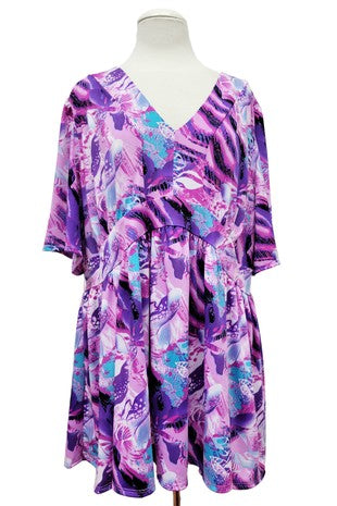 100 PSS {Stand Out} Purple Abstract Print Babydoll Top EXTENDED PLUS SIZE 3X 4X 5X