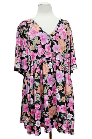 100 PSS {Simple Beauty} Black Pink Floral Babydoll Top EXTENDED PLUS SIZE 3X 4X 5X