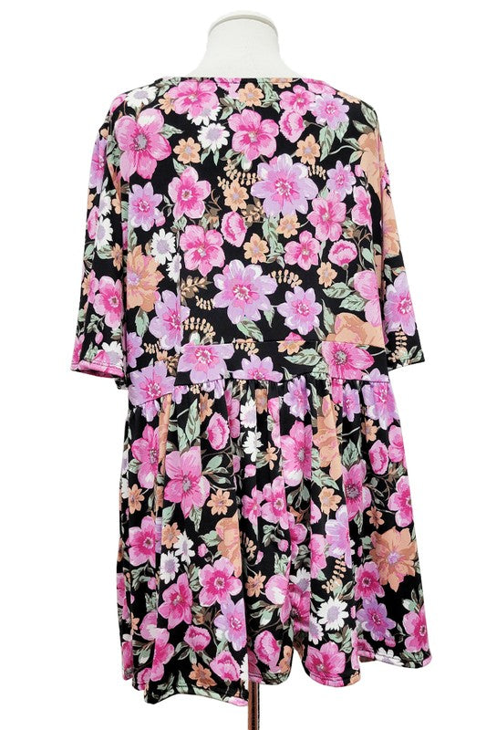 100 PSS {Simple Beauty} Black Pink Floral Babydoll Top EXTENDED PLUS SIZE 3X 4X 5X