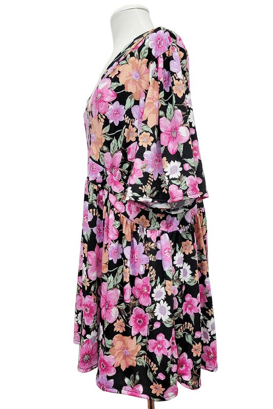 100 PSS {Simple Beauty} Black Pink Floral Babydoll Top EXTENDED PLUS SIZE 3X 4X 5X