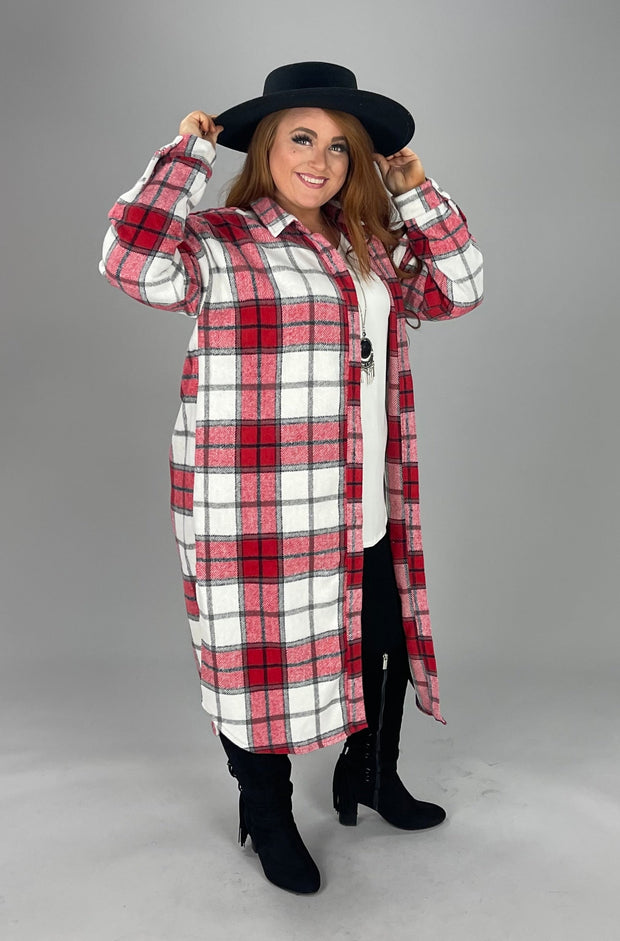 52 OT-F {Owning The Moment} Red Plaid Flannel Duster