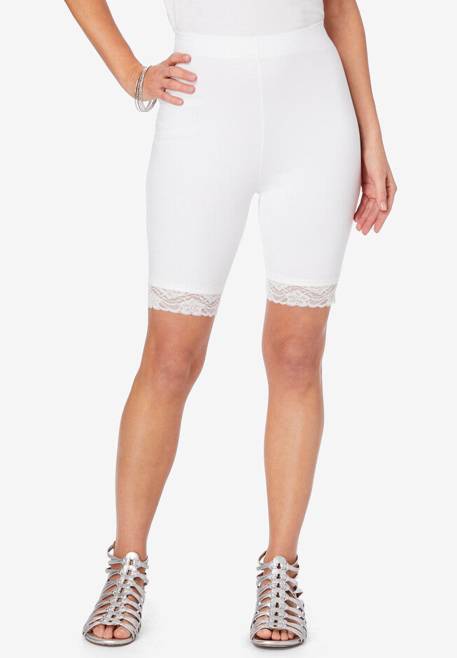 BT-R {Sassy and Fit} White Biker Shorts w/Lace Hem CURVY BRAND