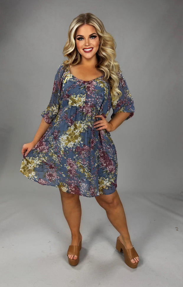 20 PQ-A {Pure Grace} Steel Blue Floral Dress PLUS SIZE XL 1X 2X