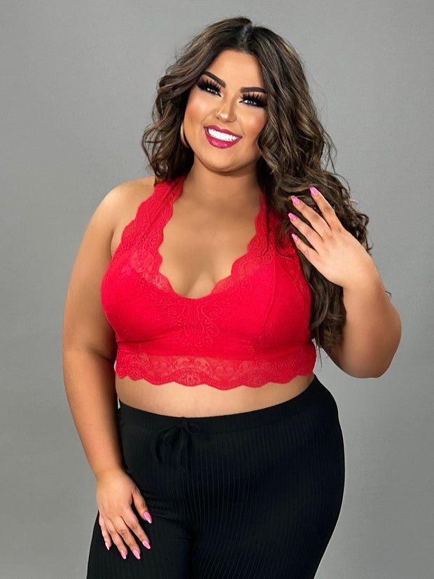 BIN-66-K or L Bralette {Lacey Things} Red Lace Halter Style