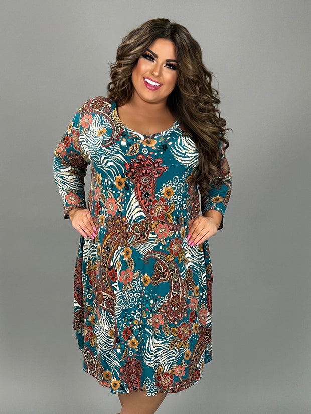 59 PQ {Path To Change} Teal Paisley V-Neck Dress EXTENDED PLUS SIZE 3X 4X 5X