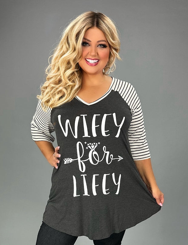 14 GT {Wifey For Lifey} Charcoal Striped Sleeve Graphic Tee CURVY BRAND!!!  EXTENDED PLUS SIZE XL 2X 3X 4X 5X 6X