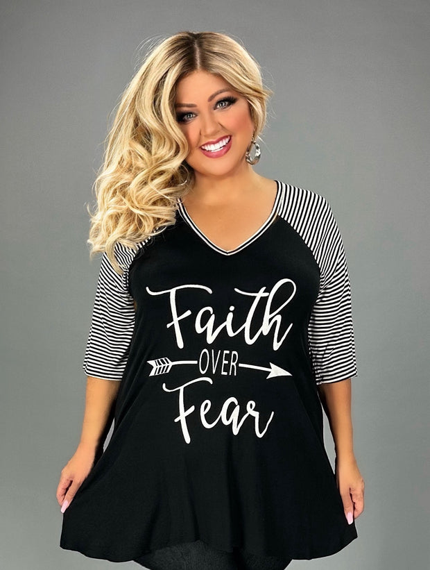 26 GT {Choose "Faith Over Fear"} Black/White Stripe Graphic Tee  CURVY BRAND!!!  EXTENDED PLUS SIZE XL 2X 3X 4X 5X 6X (May Size Down 1 Size}