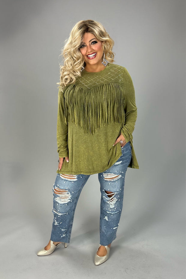 82 SLS  {Through My Eyes} VOCAL Olive Fringe & Rhinestone Detail Top PLUS SIZE XL 2X 3X