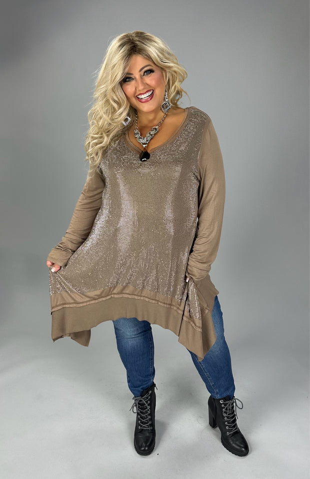 66  SD  {Swing With Me} VOCAL Mocha Rhinestone V-Neck Top PLUS SIZE XL 2X 3X
