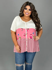63 CP-B {Lovely Life} Pink Floral & Stripe Contrast Top PLUS SIZE XL 2X 3X