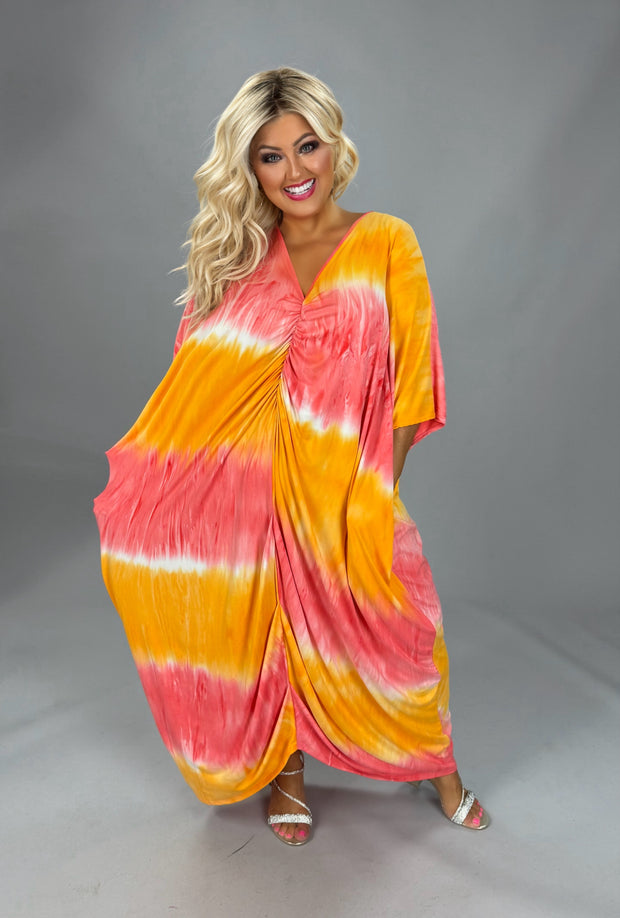 LD-F {Serene Sip} Orange/Coral Pink Tie Dye Maxi Dress PLUS SIZE 3X