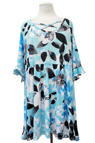 100 PSS {Know It All Blue} Sky Blue Floral Babydoll Top EXTENDED PLUS SIZE XL 2X 3X 4X 5X