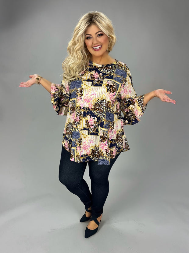 100 PQ {Regal Bearing} Navy Gold Multi Print Ruffle Sleeve Top EXTENDED PLUS SIZE 2X 3X 4X  TRUE TO SIZE!!