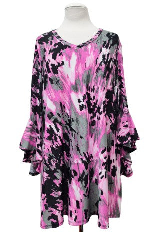 100 PQ {Blissful Smiles} Pink/Black Print V-Neck Top EXTENDED PLUS SIZE 4X 5X 6X