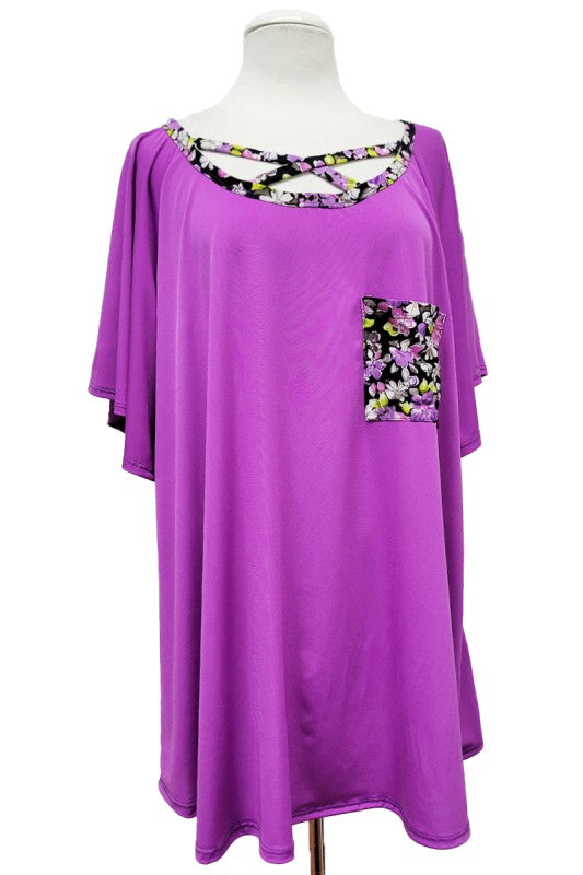 100 CP {Ease of Petals} Purple Criss-Cross Tunic w/Floral Trim EXTENDED PLUS SIZE 3X 4X 5X  TRUE TO SIZE!!