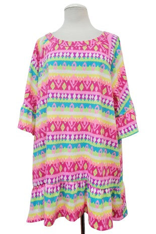 100 PSS {Fiesta Time} Neon Multi-Color Print Tunic w/Frill Hem EXTENDED PLUS SIZE 4X 5X 6X