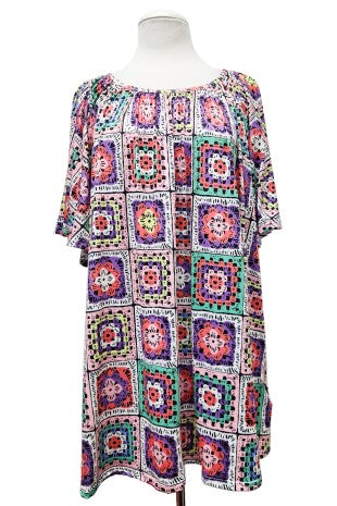 100 PSS {In Stitches} Pink Multi Crochet Print Top EXTENDED PLUS SIZE 4X 5X 6X