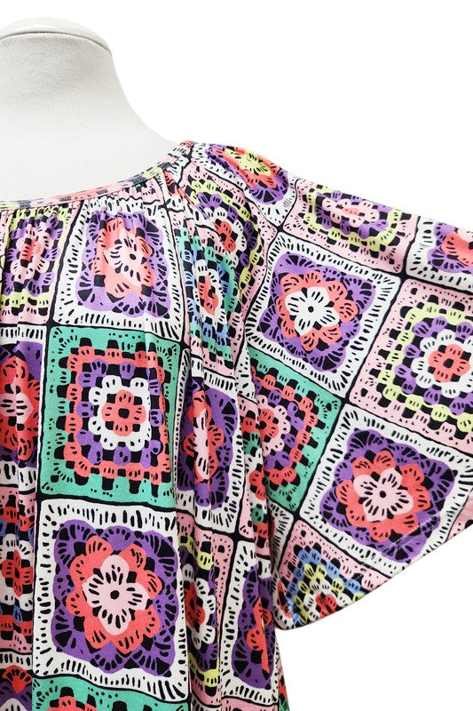 100 PSS {In Stitches} Pink Multi Crochet Print Top EXTENDED PLUS SIZE 4X 5X 6X