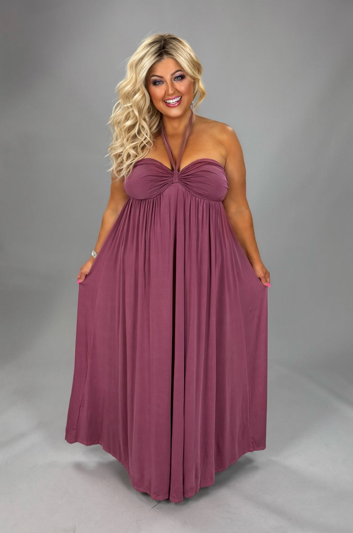 Halter Mauve Wrap Dress Long Flirt Alert Halter Plunge Wrap Dress Plum Large Halter Mauve Wrap Dress Long Flirt Alert Halter Plunge Wrap Dress Plum Large