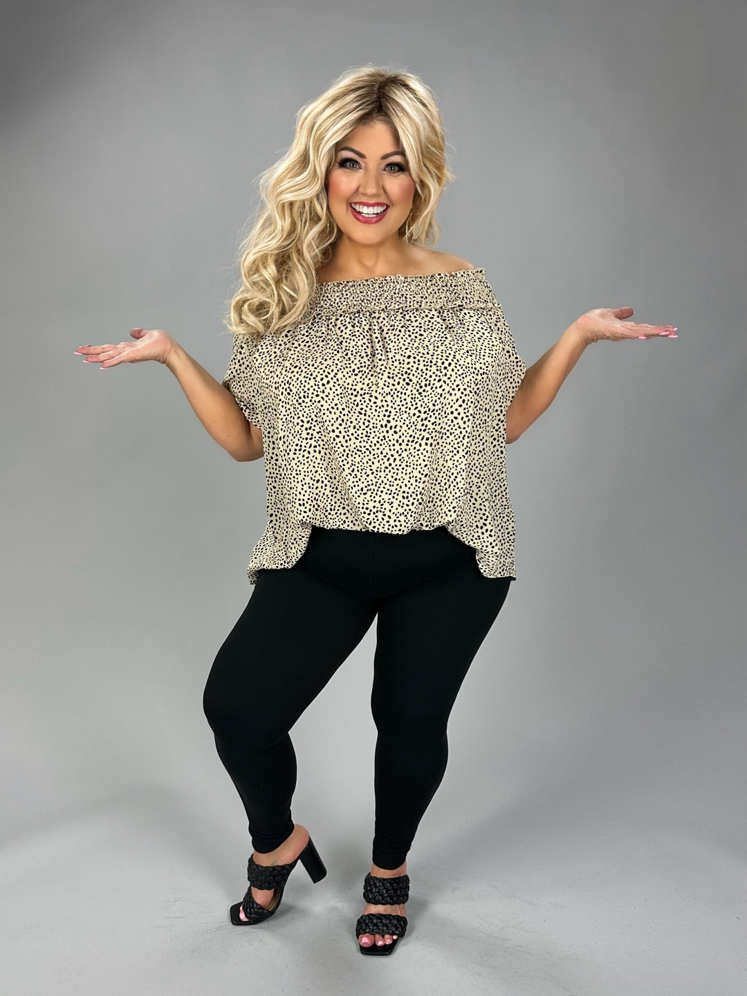 52 OS {Prowl Time} Taupe Black Spot Print Off Shoulder Top PLUS
