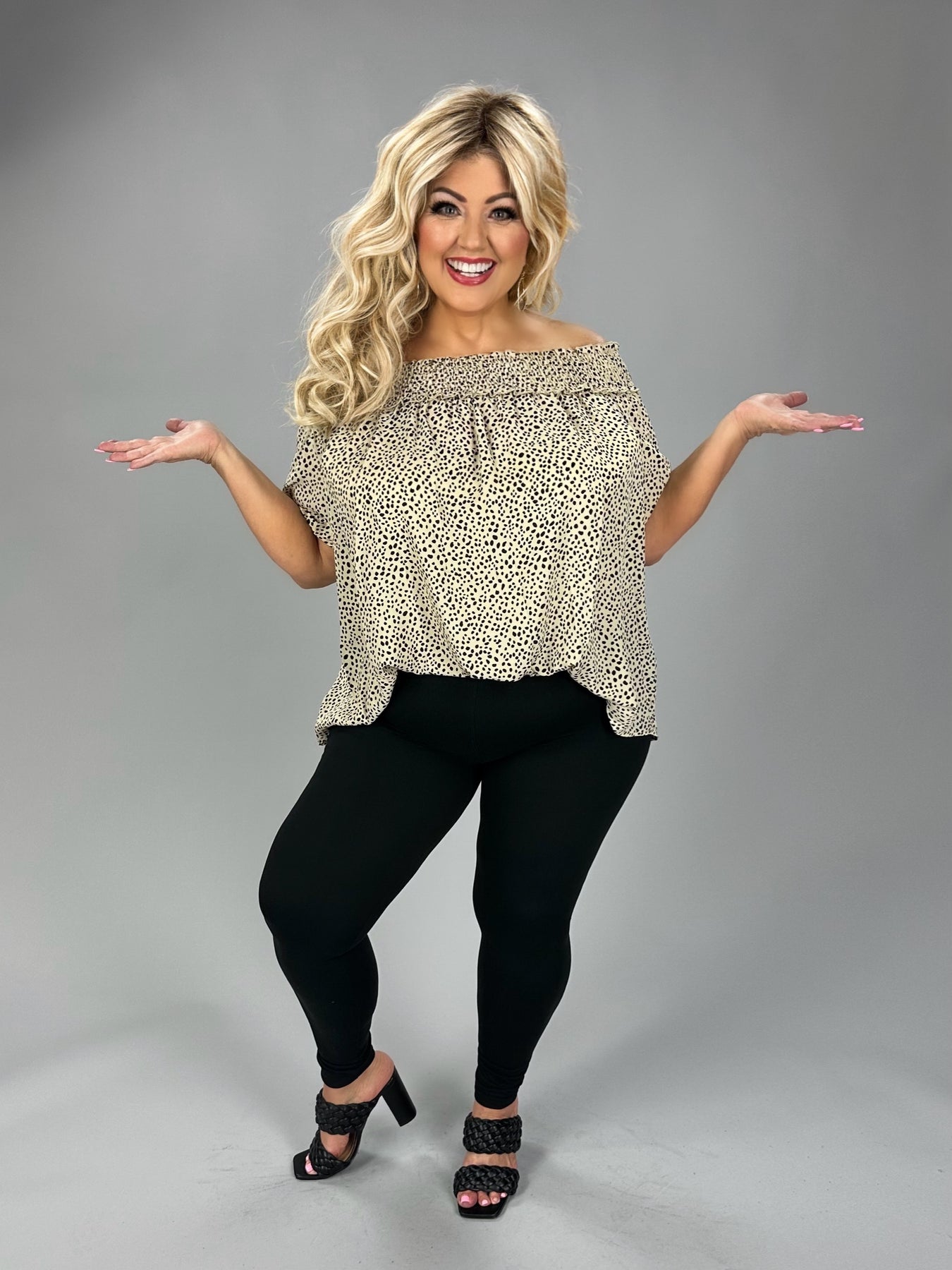 52 OS {Prowl Time} Taupe Black Spot Print Off Shoulder Top PLUS