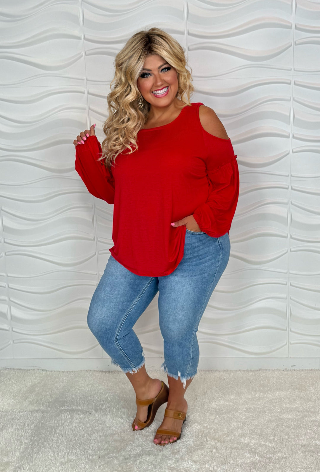 27 OS {Hear Me Out} Red Cold Shoulder Top PLUS SIZE 1X 2X 3X