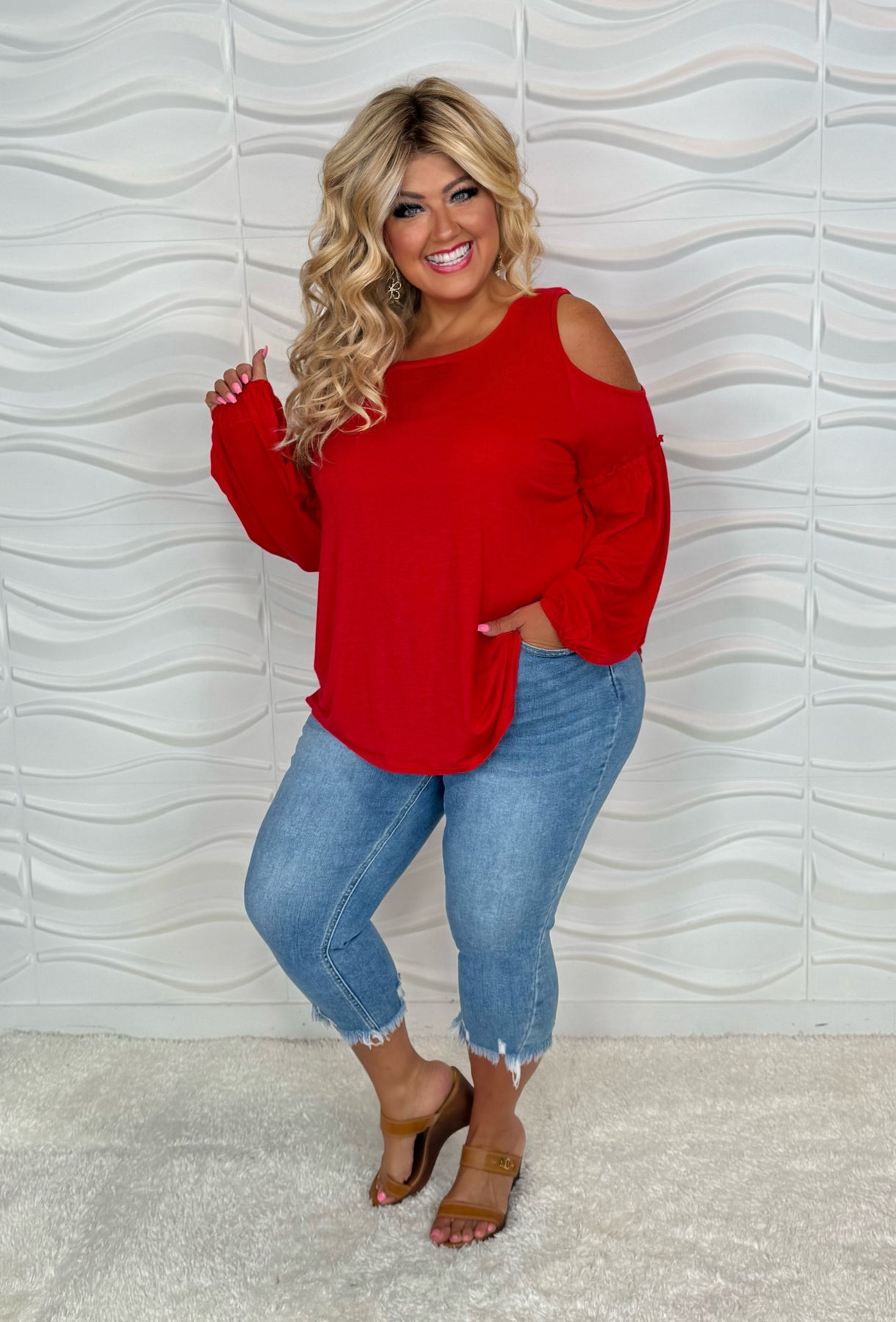 27 OS {Hear Me Out} Red Cold Shoulder Top PLUS SIZE 1X 2X 3X 27 OS {Hear Me Out} Red Cold Shoulder Top PLUS SIZE 1X 2X 3X