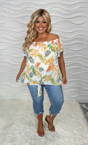 77 OS-J {Meet You Later} Ivory Leaf Print Top PLUS SIZE 1X 2X 3X
