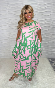LD-F {All This Love} Pink/Green Print Maxi Bubble Dress PLUS SIZE XL