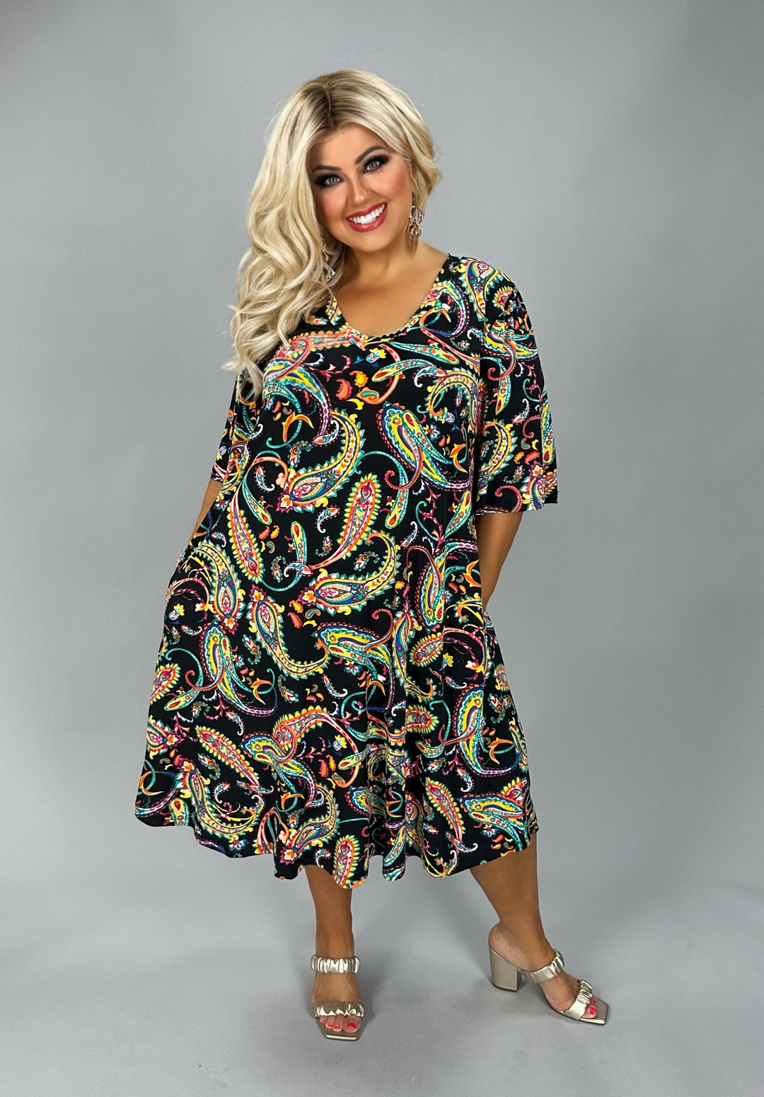 25 PSS {Local Flare} Black/Yellow Paisley V-Neck Dress EXTENDED PLUS S –  Curvy Boutique Plus Size Clothing