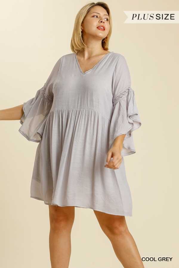 100 SQ {Easy Romance} UMGEE Cool Grey Dress with Trumpet Sleeves PLUS SIZE XL 1X 2X
