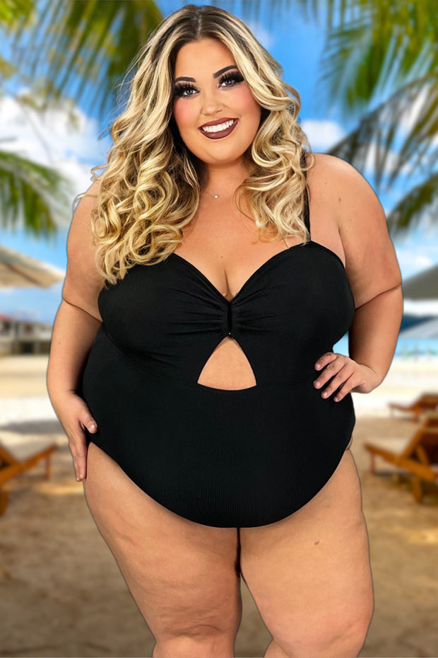 SWIM-P {Midas Touch} Black Ribbed One Piece Swimsuit  EXTENDED PLUS SIZE 4X
