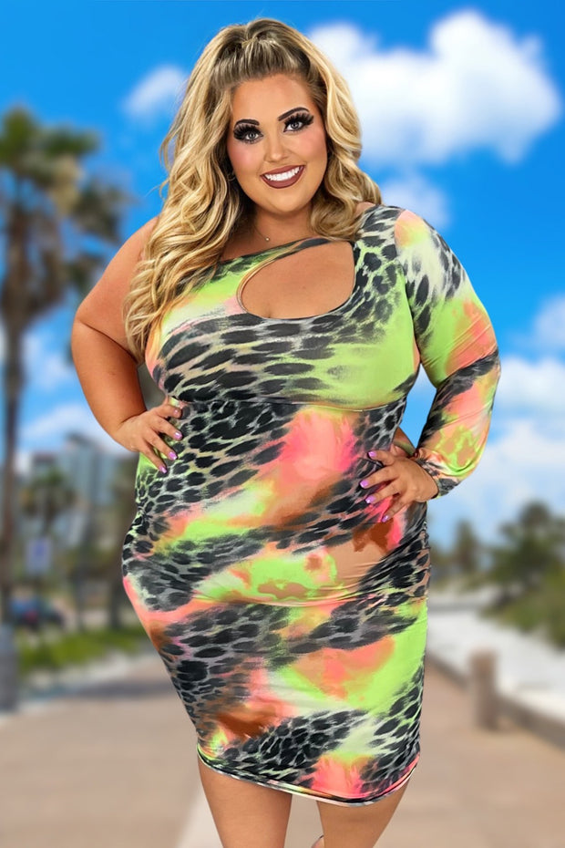 LD-N {Call Me Baby} Pink/Green Leopard One Shoulder Dress PLUS SIZE XL 2X 3X