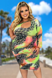 LD-N {Call Me Baby} Pink/Green Leopard One Shoulder Dress PLUS SIZE XL 2X 3X