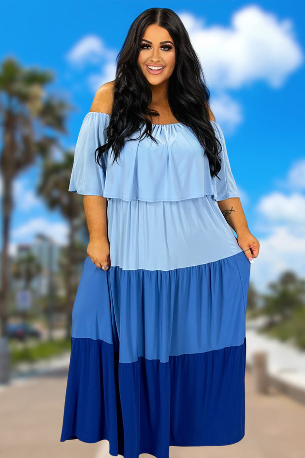 LD-E {Reason To Celebrate} Blue Tiered Off Shoulder Maxi PLUS SIZE 1X 2X 3X