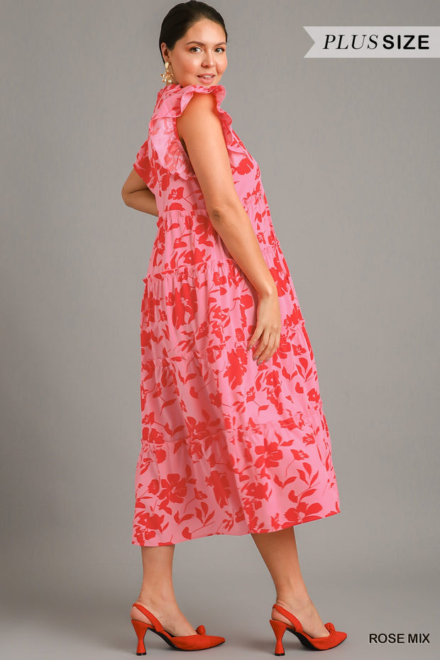 LD-Y {Sophisticated Taste} Umgee Rose/Red Floral Tiered Dress PLUS SIZE XL 1X 2X