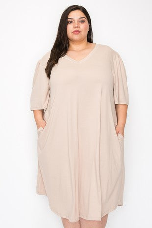 34 SSS {Have To Try} Taupe V-Neck Dress w/Pockets EXTENDED PLUS SIZE 3X 4X 5X