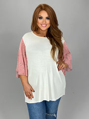 27 CP {Staying Cute} Ivory Top w/Rose Floral Sleeves PLUS SIZE XL 2X 3X