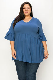 75 SQ {Capture Simplicity} Blue V-Neck Babydoll Top EXTENDED PLUS SIZE 3X 4X 5X