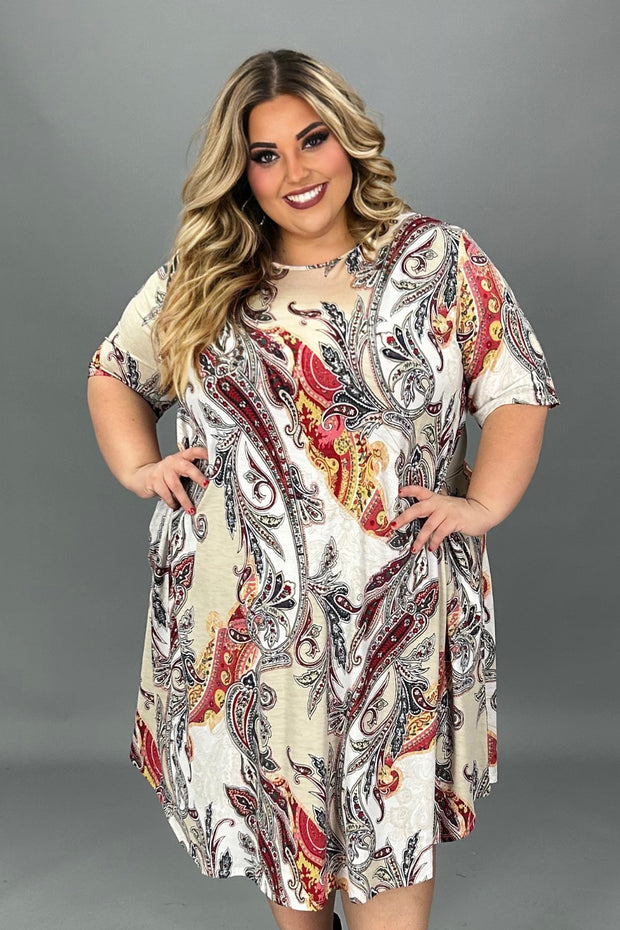 64 PSS-B {Quick To Smile} Beige Paisley Print Dress EXTENDED PLUS SIZE 4X 5X 6X