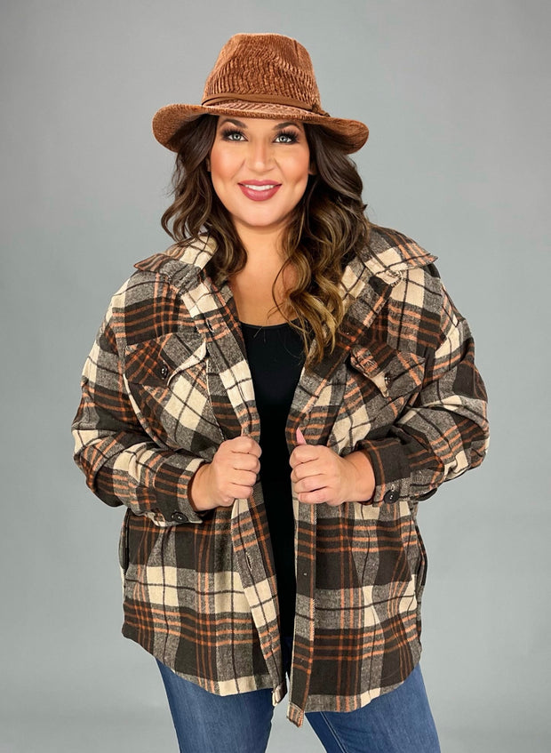 24 OT-Y {No More Doubts} Brown/Rust Plaid Shacket PLUS SIZE 1X 2X 3X
