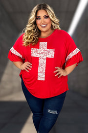 40 SD-V {Mighty Cross} Red/Ivory Lace Cross & Sleeve Detail Top CURVY BRAND!!!  XL 2X 3X 4X 5X 6X (May Size Down 1 Size)