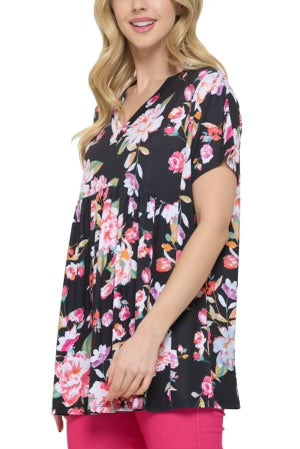 42 PSS {You Heard Me} Black Floral V-Neck Babydoll Top PLUS SIZE 1X 2X 3X