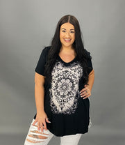 45 GT “VOCAL” {Wild Out Here} Black Floral Graphic Tee w/Open Knit Back  PLUS SIZE XL 2X 3X