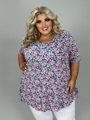 35 PSS {Always Yours} Blue/Pink Floral Print V-Neck Top EXTENDED PLUS SIZE XL 2X 3X 4X 5X