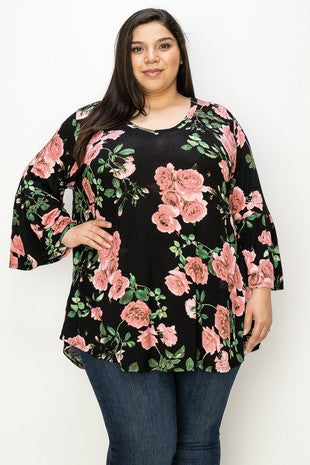 37 PQ {Free To Bloom} Black/Pink Floral V-Neck Tunic EXTENDED PLUS SIZE 3X 4X 5X