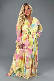 LD-Z {Beholder Of Beauty} Yellow Floral Lined Maxi Dress PLUS SIZE 1X 2X 3X