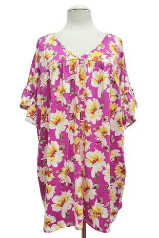 24 PSS {A New Dawn} Fuchsia Floral V-Neck Tunic EXTENDED PLUS SIZE 4X 5X 6X