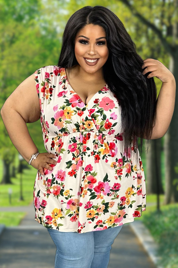 76 PSS-R {Blushing Bouquet} Ivory Floral V-Neck Top PLUS SIZE 1X 2X 3X